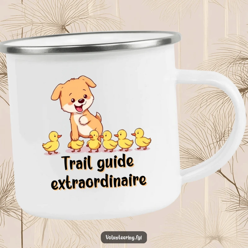 Funny dog camping mug showing a playful dog gently guiding a group of lost ducklings, celebrating companionship on adventures.