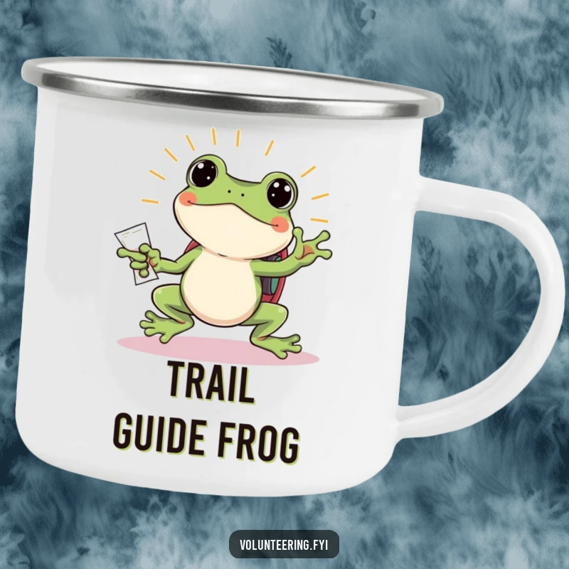 Funny frog camping mug, a jumping frog with a backpack handing out flyers, a humorous outdoor gear gift.