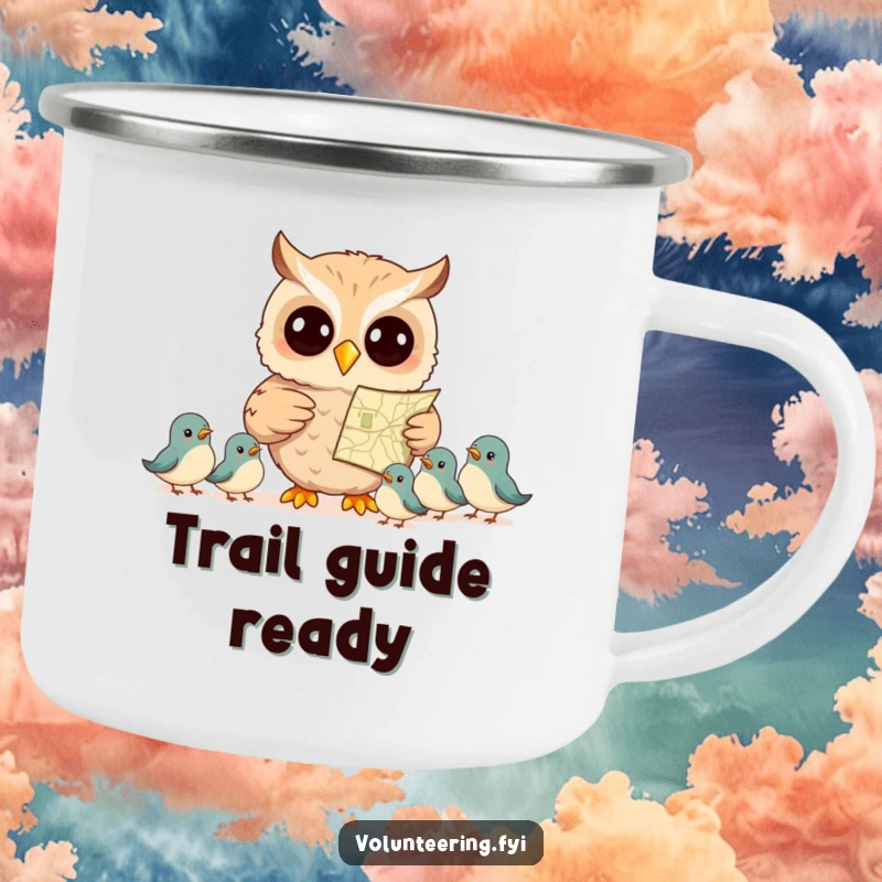 Funny camping mug with a smiling owl pointing at a map to guide birds, durable for outdoor use and entertaining.