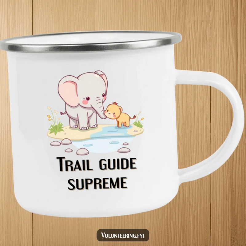 Funny kawaii elephant camping mug, depicting a gentle elephant guiding a smaller animal across a stream, perfect for outdoor enthusiasts.