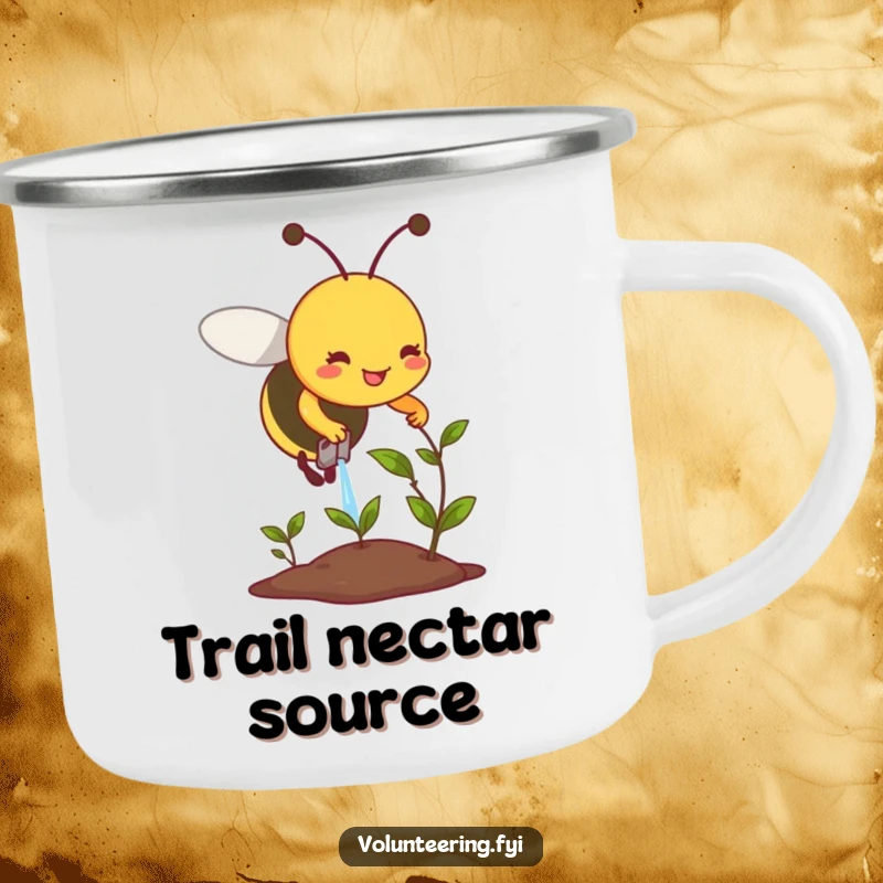 Funny camping mug featuring a smiling bee diligently watering a small, wilting plant, ready for outdoor nurturing.