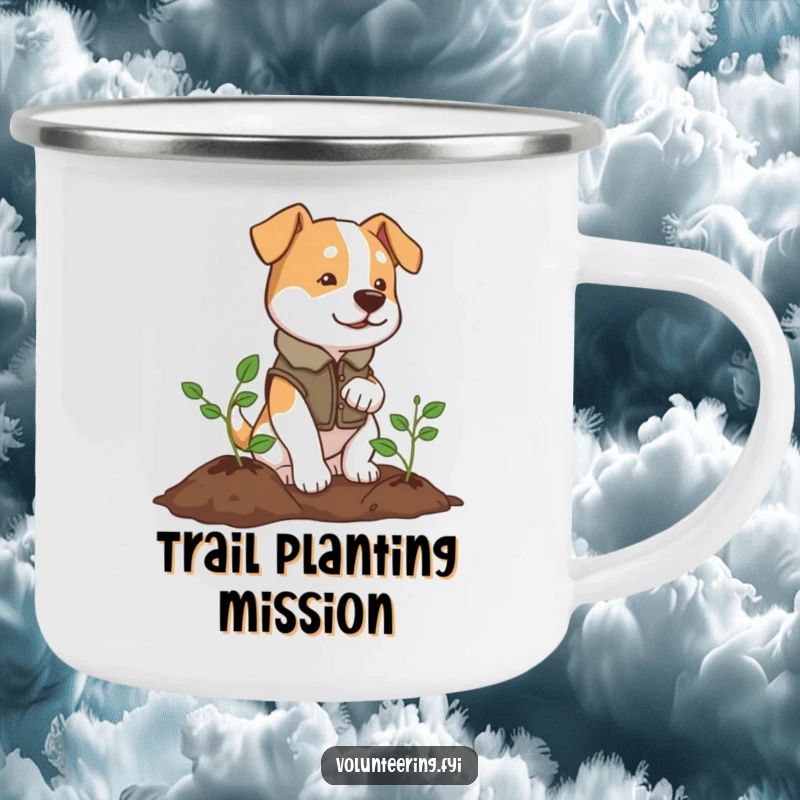 Funny camping mug with a determined dog in a vest planting a tree, perfect for outdoor activities.
