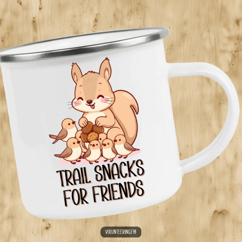 Funny kawaii squirrel camping mug, depicting a squirrel sharing nuts with smaller birds, perfect for outdoor enthusiasts who appreciate nature's bounty.