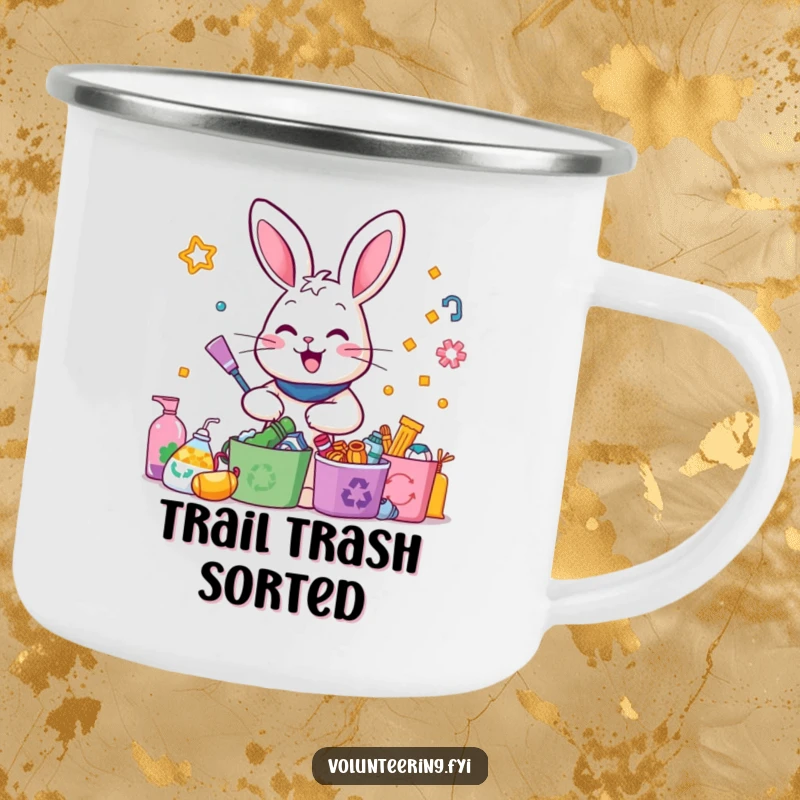 Funny Rabbit Recycling Camping Mug: A happy rabbit sorts colorful recyclables, perfect for eco-conscious campers who enjoy a humorous design.