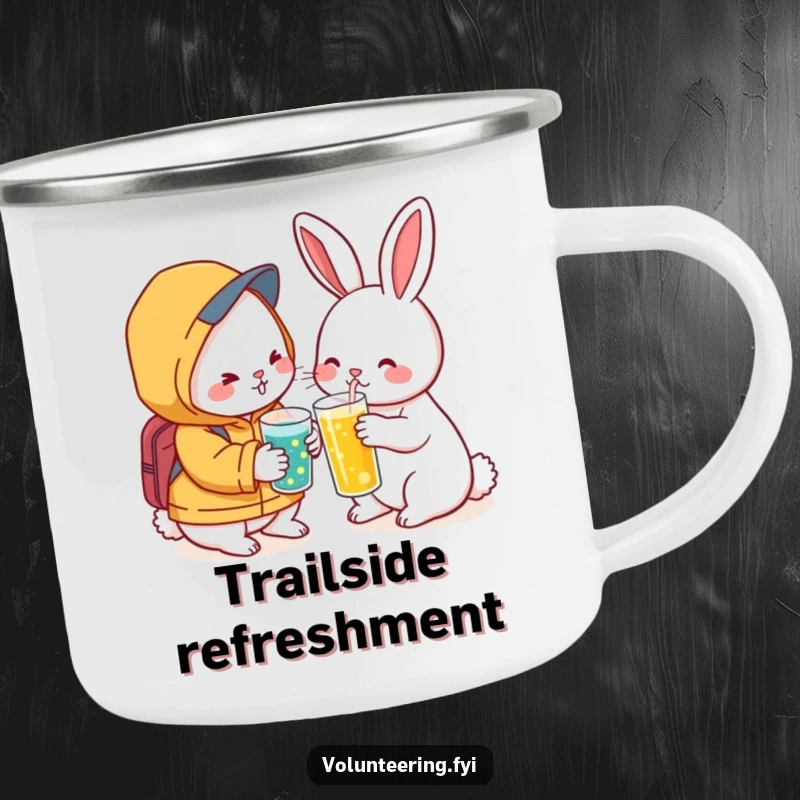 Funny Kawaii Rabbit Hydration Camping Mug: Durable mug with a rabbit offering a drink, perfect for trailside refreshment and humor.