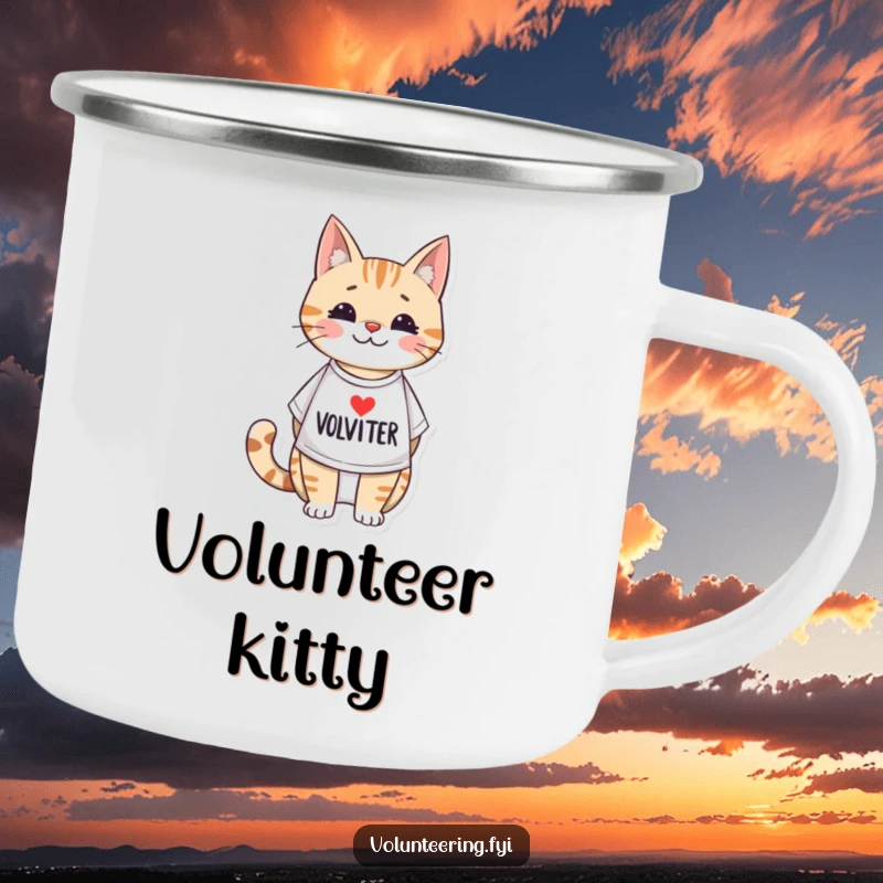 Funny enamel camping mug featuring an adorable illustrated cat wearing a volunteer t-shirt, perfect for enjoying beverages during outdoor activities.