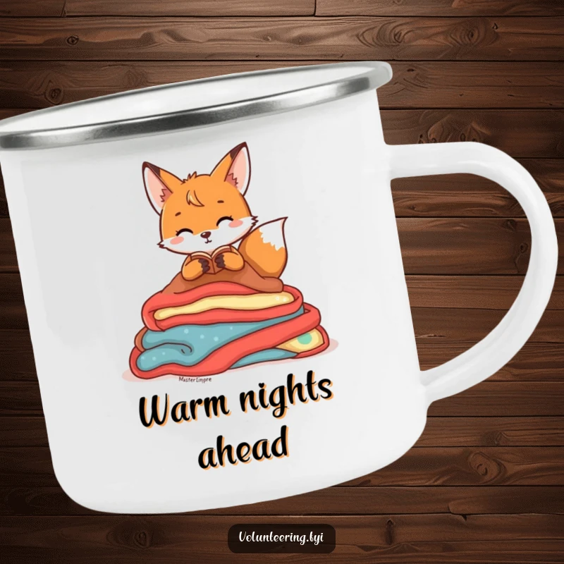 Funny Camping Mug featuring a playful fox character organizing colorful blankets, built for adventures and cozy moments.
