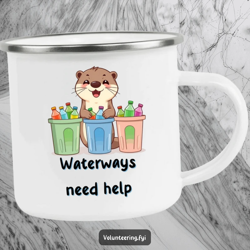 Funny otter camping mug, an enthusiastic otter sorting plastic bottles into recycling bins, ready for wilderness adventures and eco-promotion.
