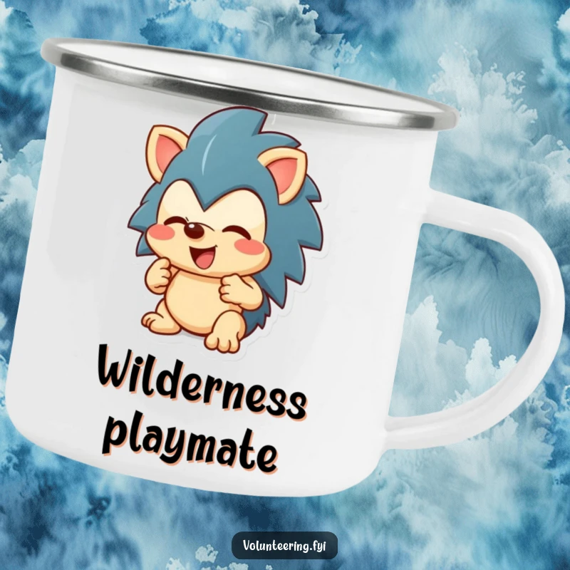Funny enthusiastic hedgehog character sharing a toy on a rugged camping mug, ideal funny gift.
