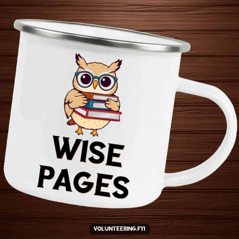 Funny enamel camping mug featuring a whimsical owl with spectacles carrying books, perfect for enjoying beverages during outdoor activities.