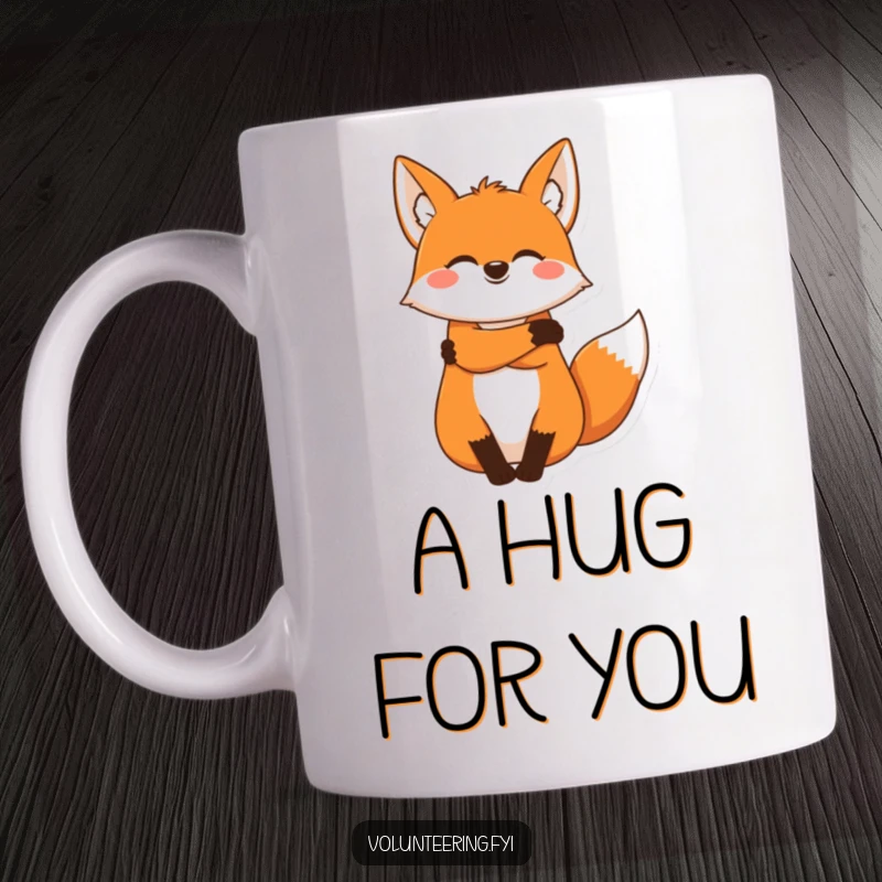 Funny fox mug, a joyous cartoon fox offering a warm, comforting hug with a friendly, cheerful expression.