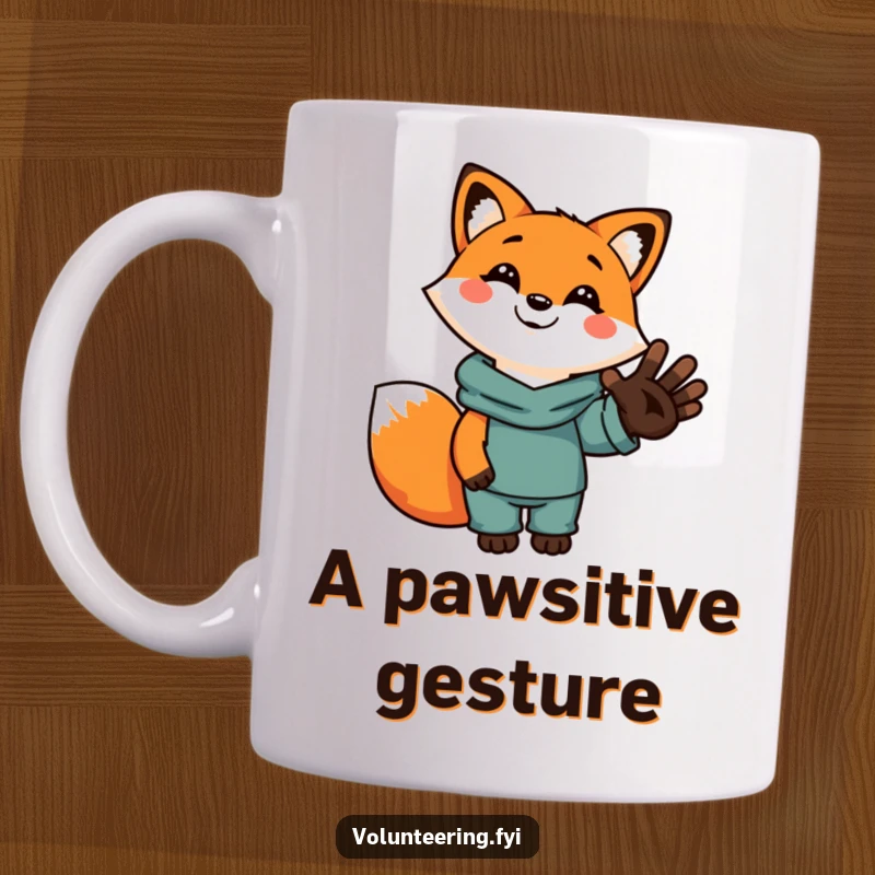 Funny cartoon fox mug with a smiling face, holding a human hand in a gesture of kindness and support.