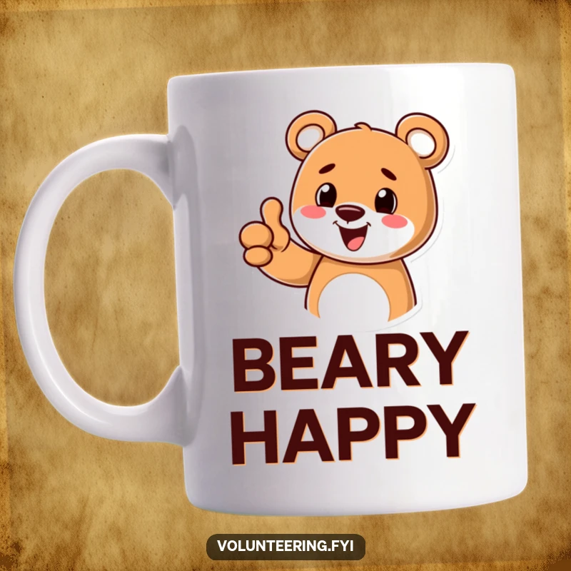 Funny cartoon bear mug with a big smile, giving a friendly thumbs up gesture, radiating happiness and positivity.