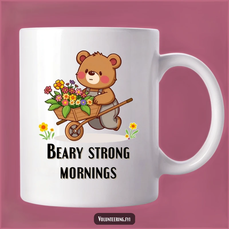 Funny Bear Pushing Flowers Mug: Determined Character, Enthusiastic Funny Gift