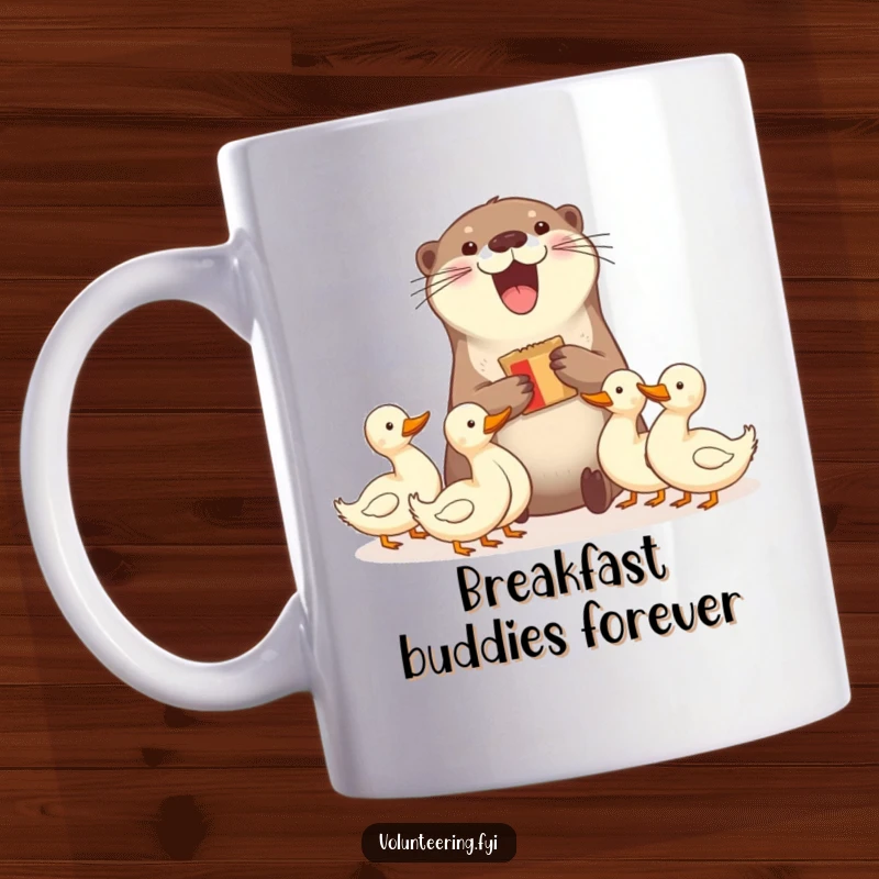 Funny mug depicting a delighted otter sharing snacks with a group of ducks, showing a humorous and heartwarming sharing moment. Perfect funny gift.