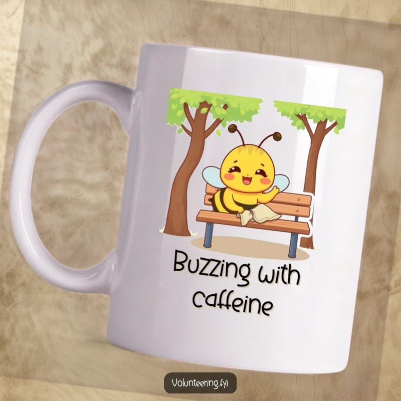 Funny Mug: Joyful yellow bee with a determined expression polishes a park bench with a small cloth, showing dedication.