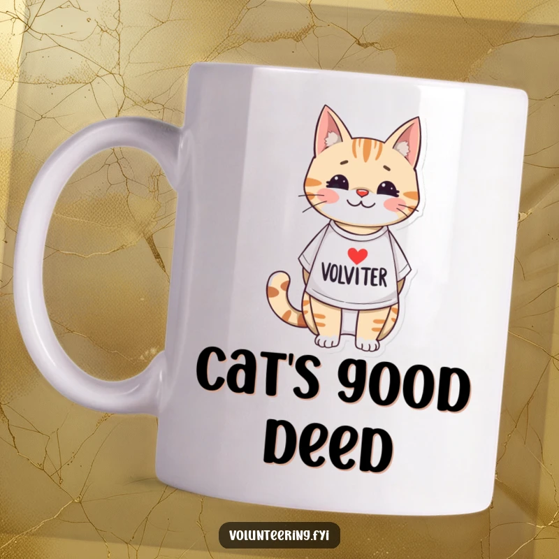 Funny illustrated cat mug, wearing a volunteer t-shirt, looking adorable and ready to help, a purrfect gift for helpers.