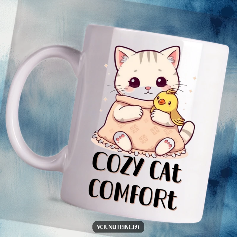 Funny Kawaii Cat Knitting Mug: Adorable cat knitting a cozy blanket for a small bird, a heartwarming and humorous design.