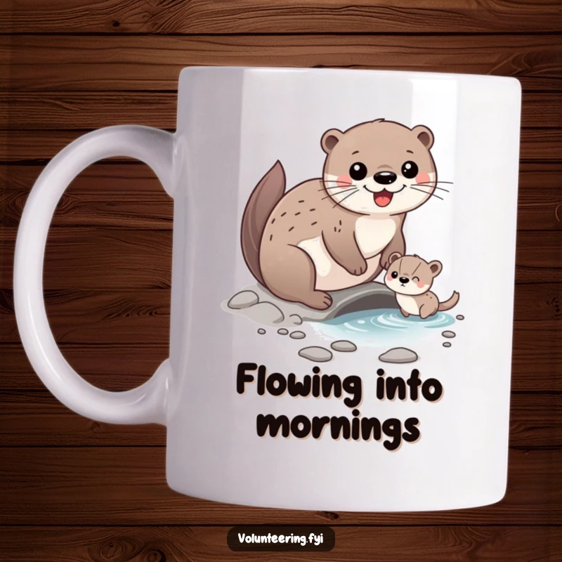 Funny Mug featuring a happy otter character gently assisting a smaller animal in crossing a small, flowing stream, symbolizing helpfulness.
