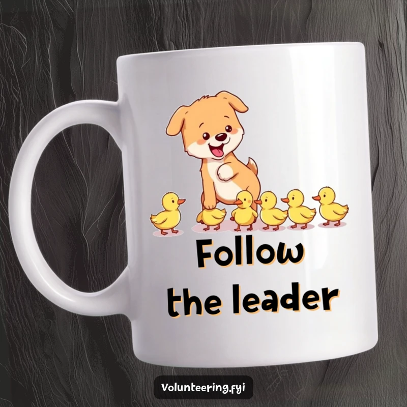Funny dog mug showing a playful dog gently guiding a group of lost ducklings, a cute illustration of canine helpfulness.