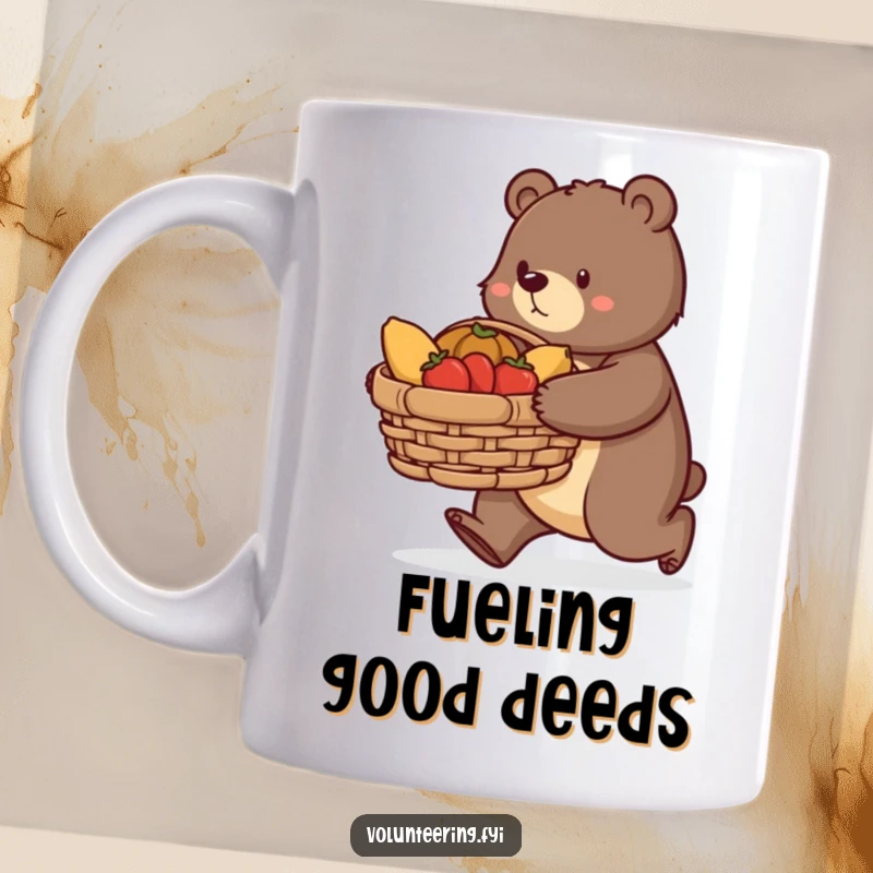 Funny bear mug, a determined bear purposefully carrying a large basket of donated food, symbolizing community support and kindness.