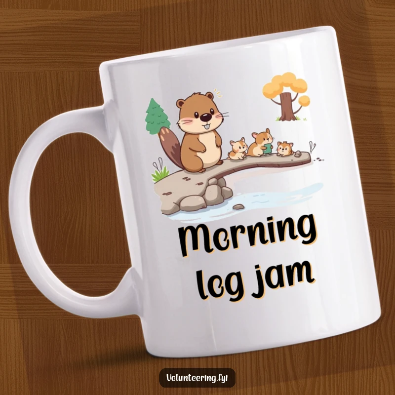 Funny beaver mug, a busy beaver guiding smaller animals across a makeshift bridge, teamwork and helpfulness depicted humorously.
