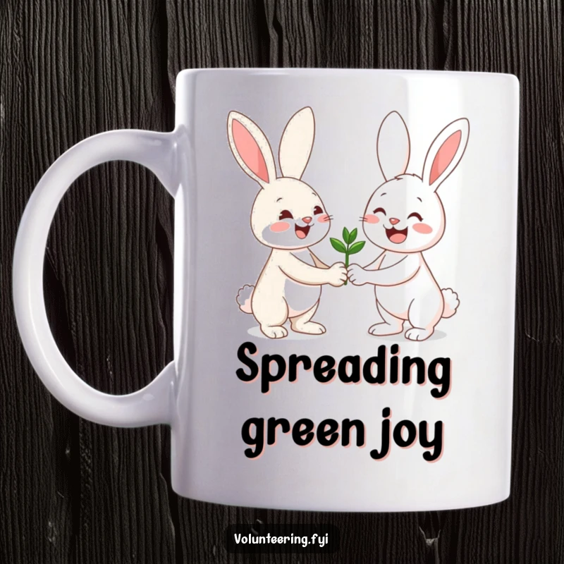 Funny mug with a cheerful bunny offering a green seedling to a smiling friend, symbolizing friendship and growth.