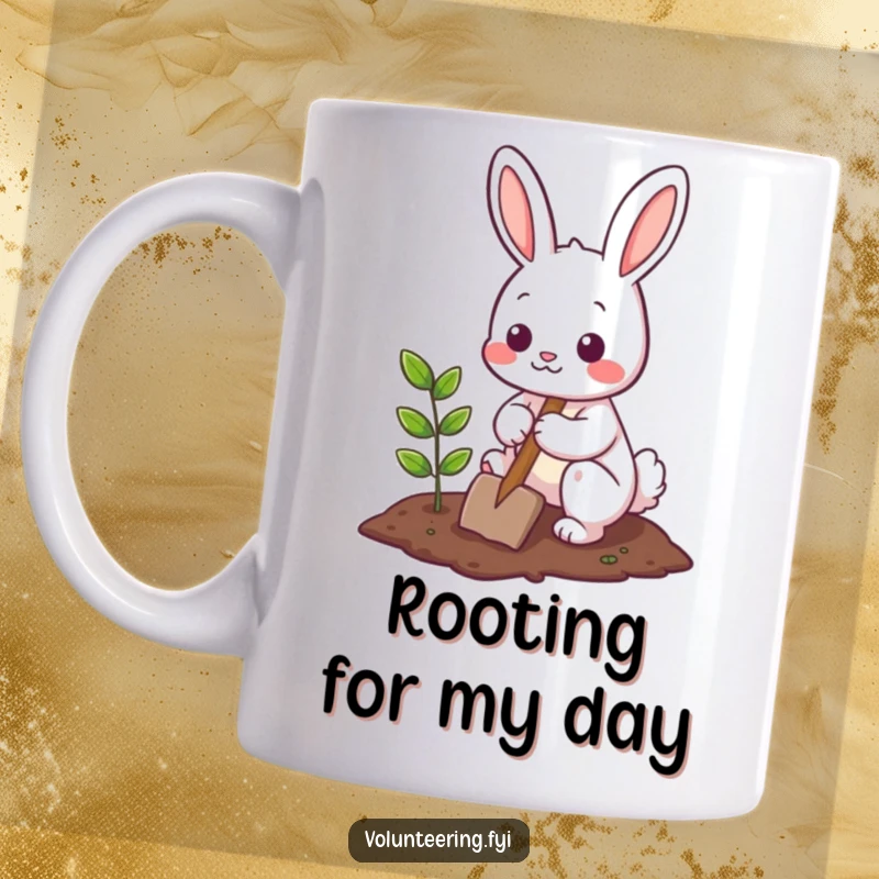 Funny Mug featuring a cute bunny character joyfully planting a small tree with a shovel, symbolizing growth and new beginnings.