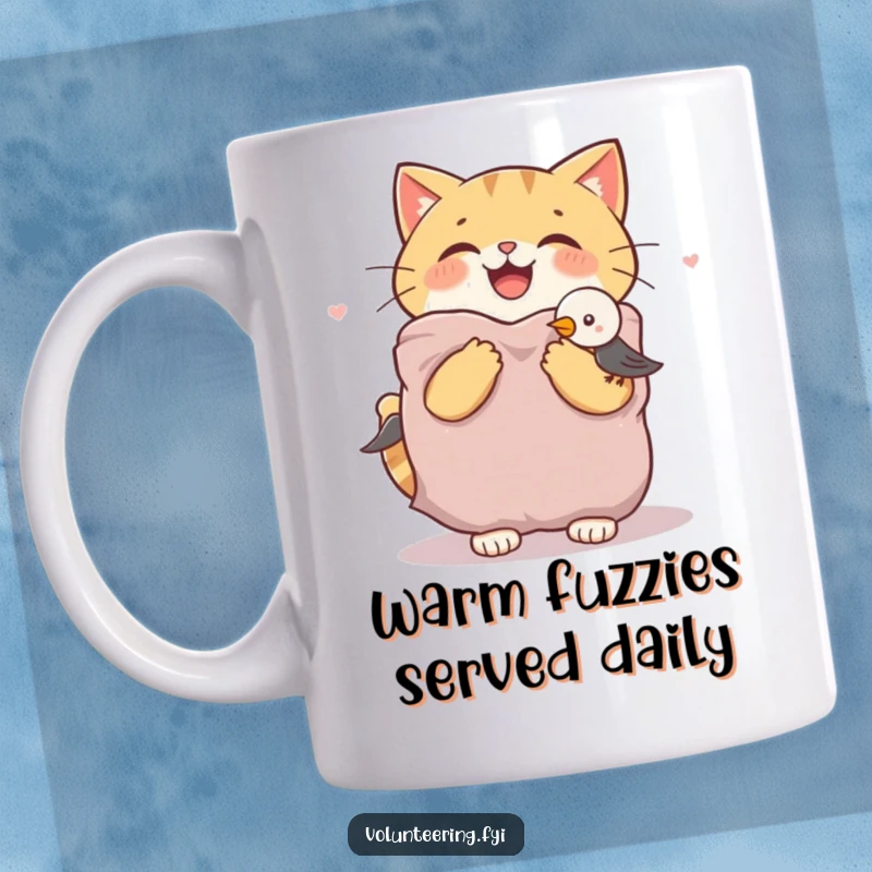 Funny cat mug featuring a joyful cat offering a warm blanket to a shivering bird, showcasing interspecies comfort and kindness.