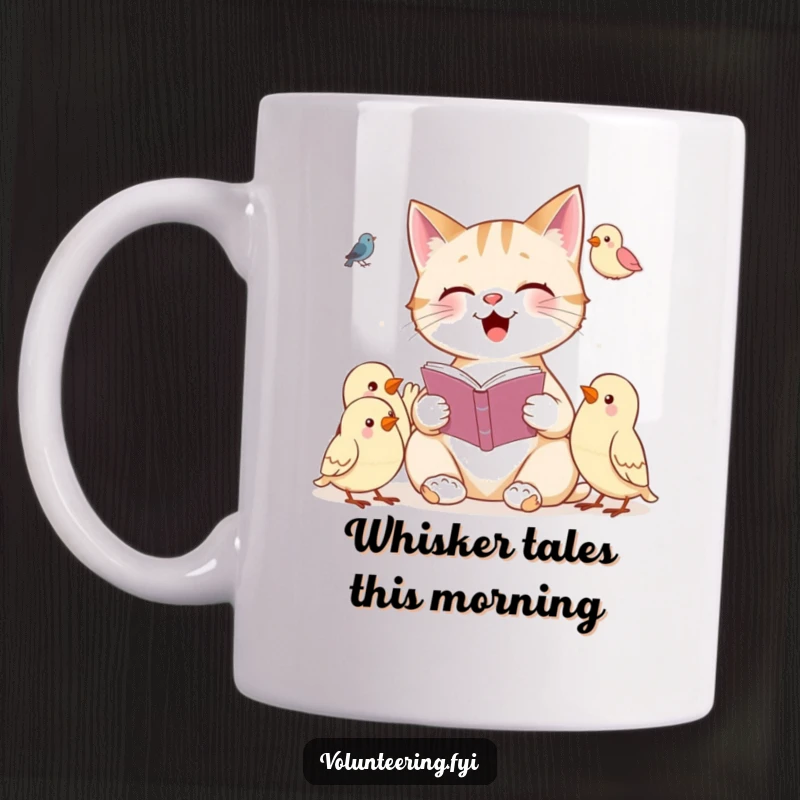 Funny mug featuring a cheerful cat engrossed in reading a book to a group of attentive, listening birds.