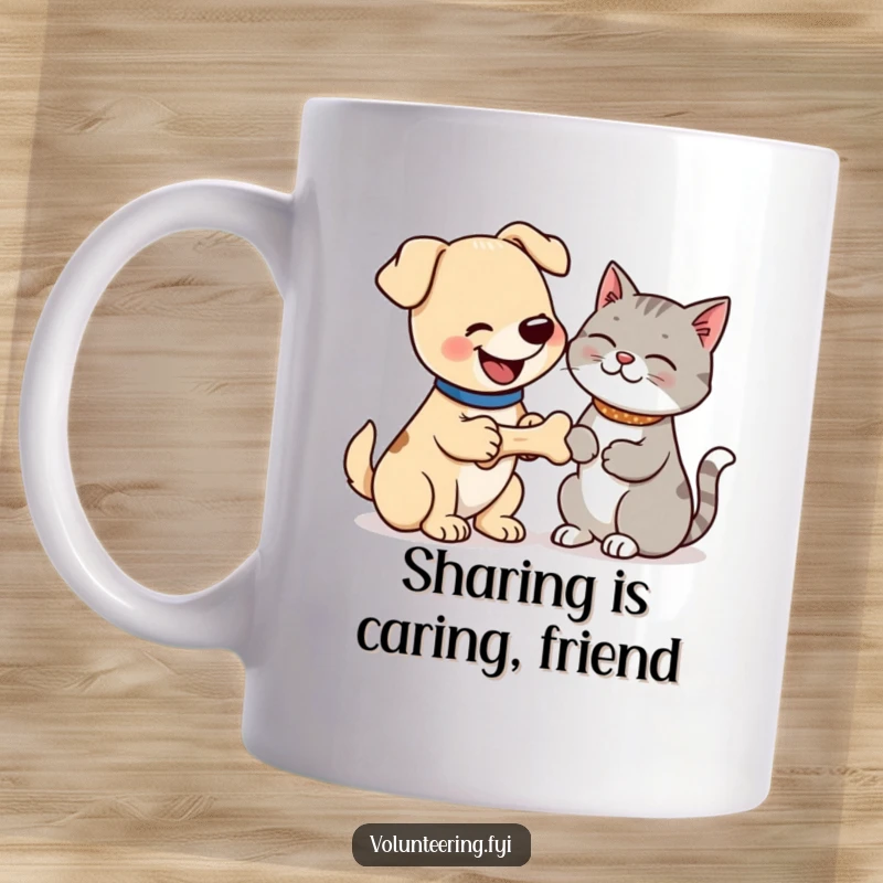 Funny mug with a happy dog giving a bone to a thankful cat, showcasing a sweet, humorous animal friendship. Perfect for gift-givers.