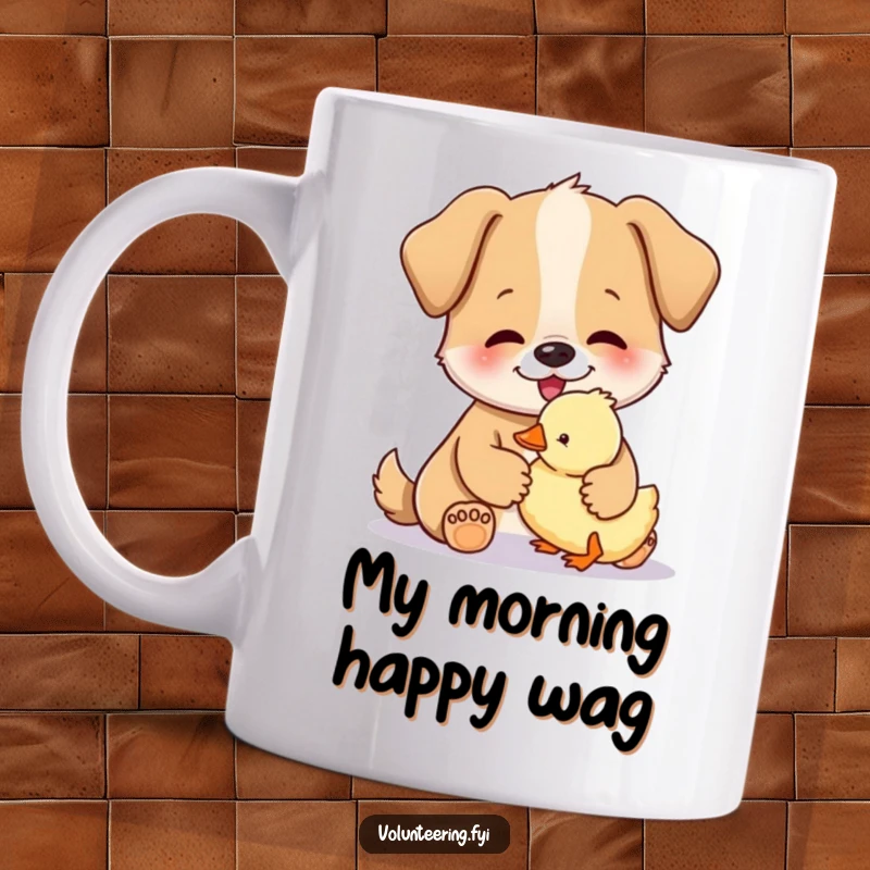Funny mug showing a happy dog gently petting a small, fluffy duckling with a tender expression.