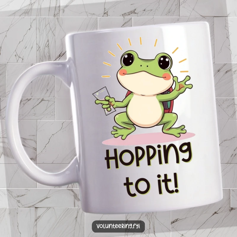 Funny frog mug, a jumping amphibian with a backpack happily handing out flyers, energetic and humorous promotional art.