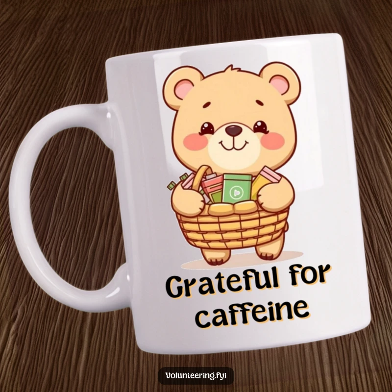 Funny mug featuring a grinning bear carrying a basket full of donated items, symbolizing generosity and charity.