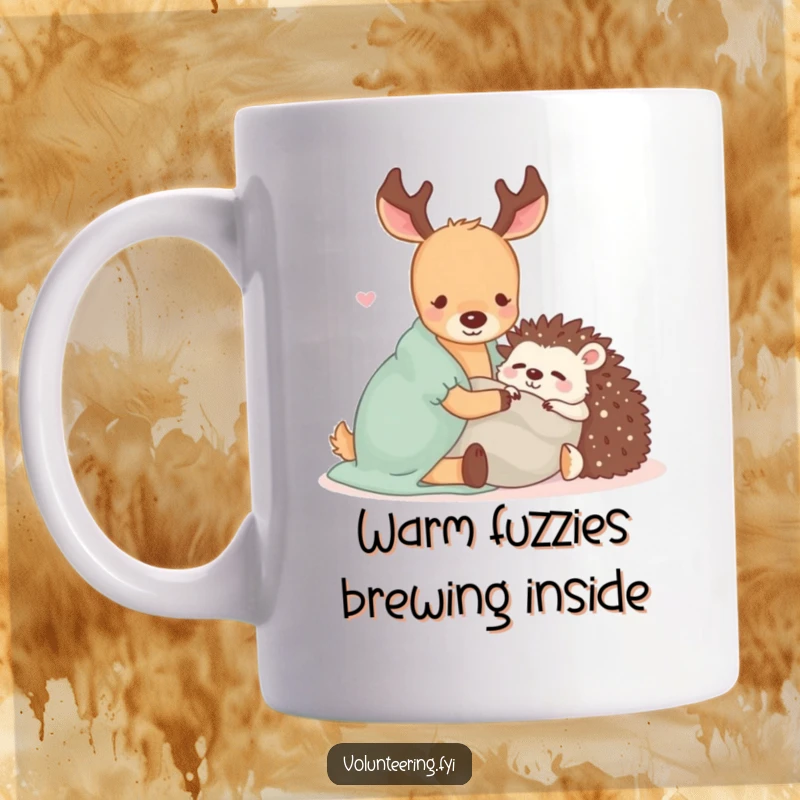 Funny mug showcasing a sweet Kawaii deer and a sleepy hedgehog snuggled under a blanket, radiating pure comfort and friendship.