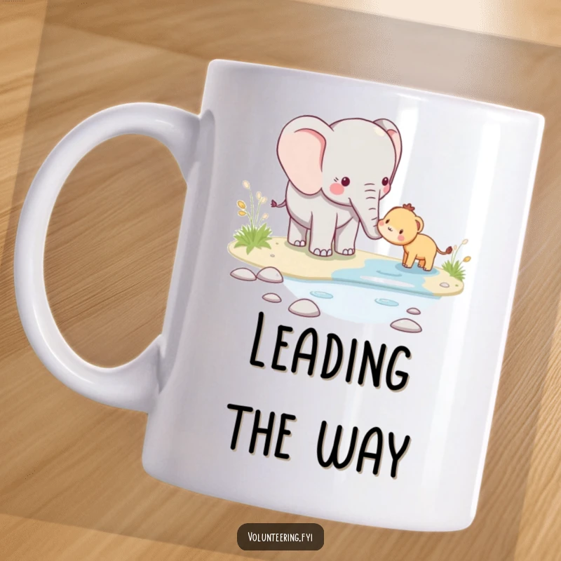 Funny kawaii elephant mug, tenderly guiding a smaller animal across a stream, showcasing empathy and gentle strength, a heartwarming illustration.