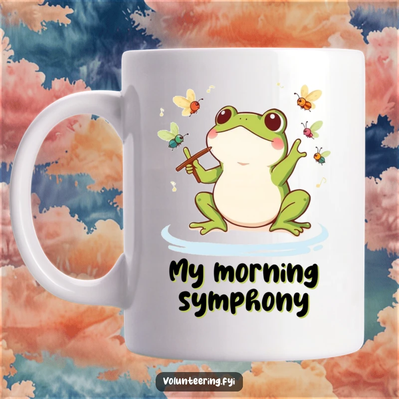 Funny Kawaii Frog Conductor Mug: Adorable frog maestro leading an orchestra of chirping insects with enthusiasm and glee.