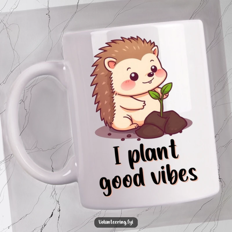 Funny Kawaii hedgehog mug, proudly planting a tiny seedling in rich soil, radiating positivity and garden joy, perfect for plant enthusiasts.