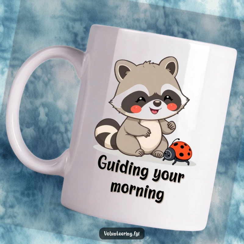 Funny mug showing a joyful Kawaii raccoon carefully guiding a lost ladybug, emphasizing kindness and helpfulness, a great funny gift.