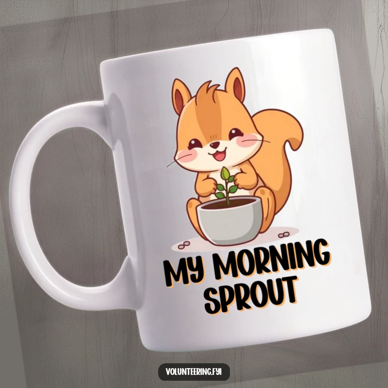 Funny Kawaii squirrel smiling while planting a tiny seed in a pot, cute gardening mug.