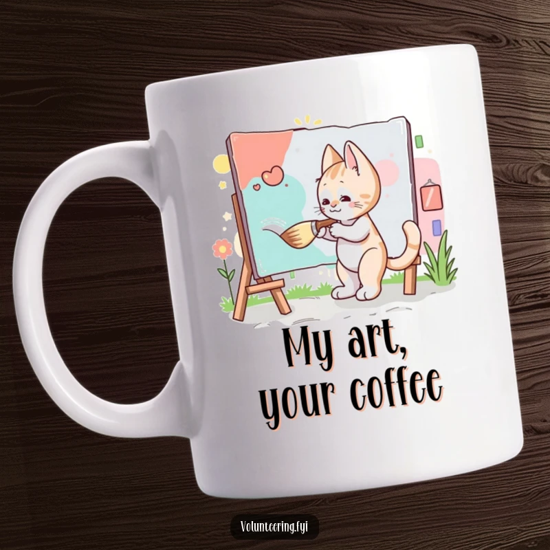 Funny Kitten Artist Mug: A small, diligent kitten uses a giant brush to paint a vibrant community mural with focus and joy.