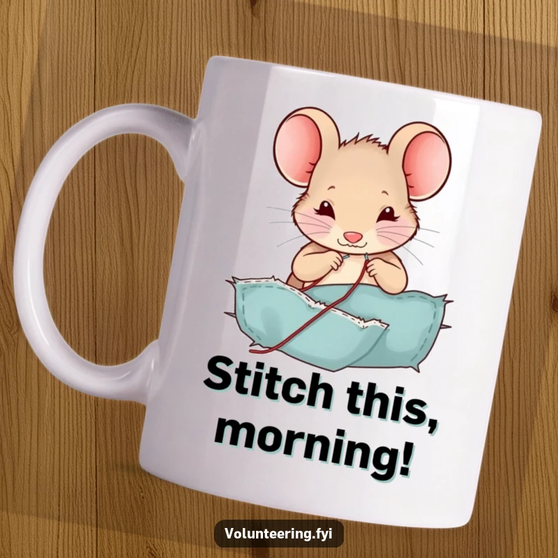 Funny mouse mug with needle and thread, contentedly patching fabric, showcasing a sweet and humorous crafting moment.