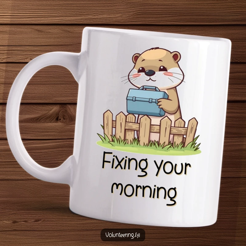 Funny mug showing a helpful otter passing a toolbox over a fence, ready for any repair job.