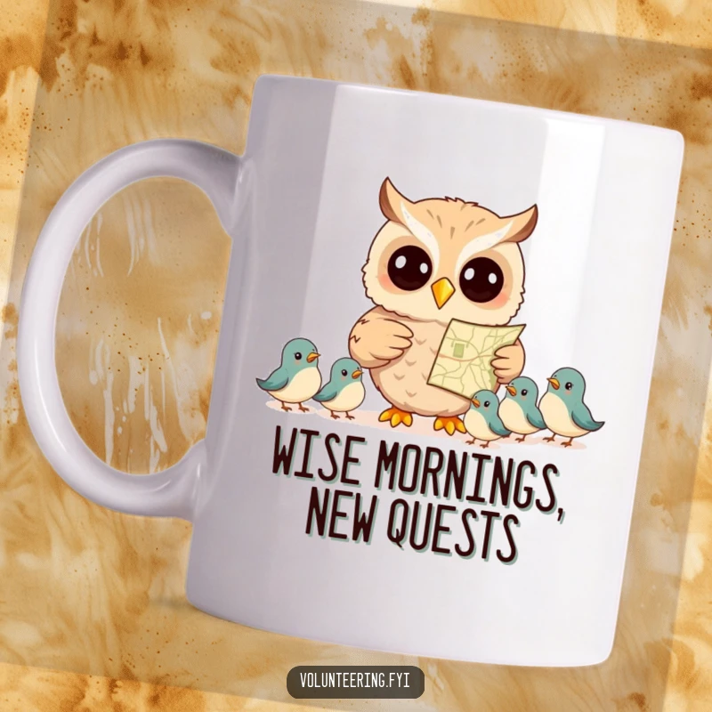 Funny mug showing a smiling owl holding a map, pointing the direction to a group of small, attentive birds, symbolizing guidance and humor.