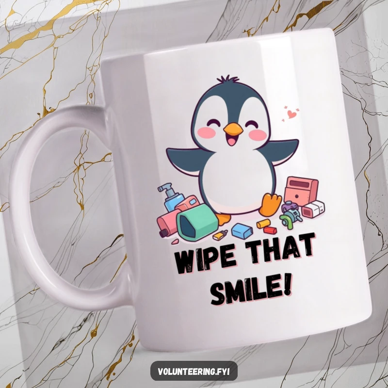 Funny penguin mug, a cheerful character energetically tidying scattered items, organized and humorous depiction, a cute gift.
