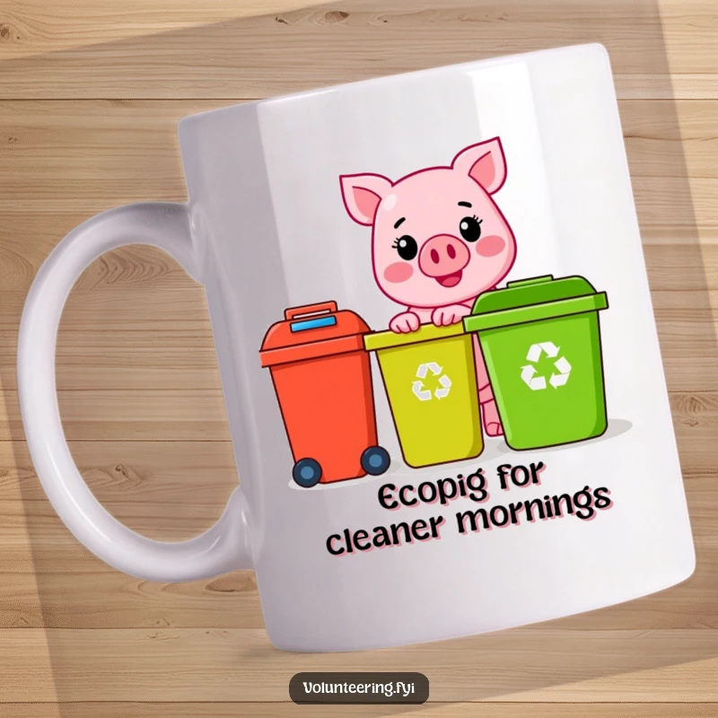 Funny pink pig character with a sunny smile, happily sorting colorful recycling bins, on a cheerful mug, perfect eco-friendly gift.