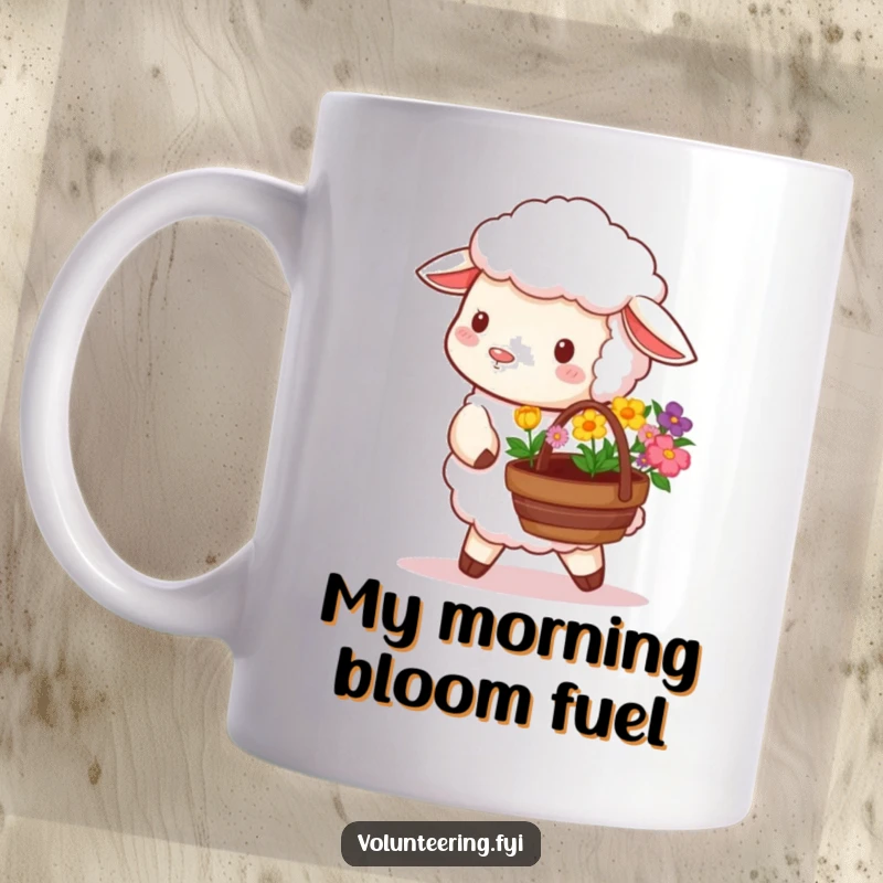 Funny mug showing a cute, fluffy sheep with a basket full of colorful flowers, ready for planting.