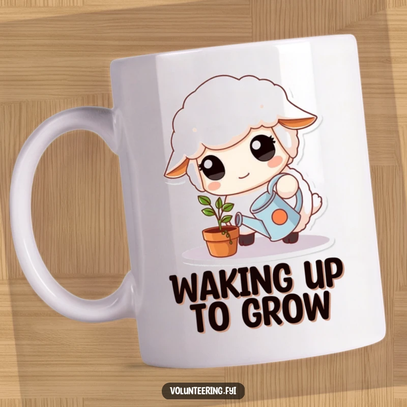 Funny Mug: Fluffy white sheep with large, kind eyes carefully waters a small potted plant with a tiny watering can, showing care.