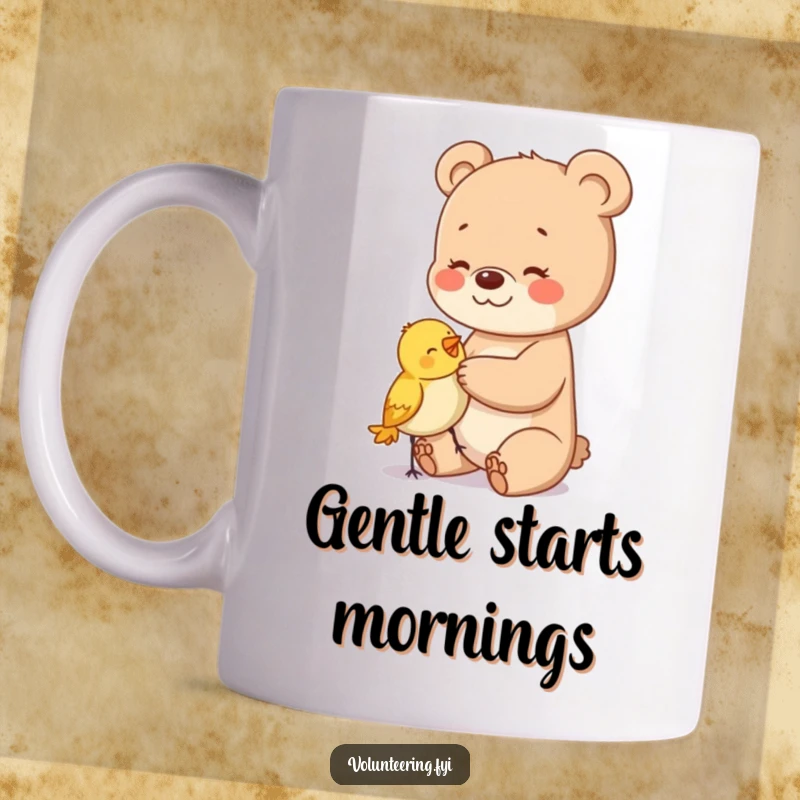 Funny mug with a happy bear cub gently patting a small, confused bird, showing interspecies friendship.