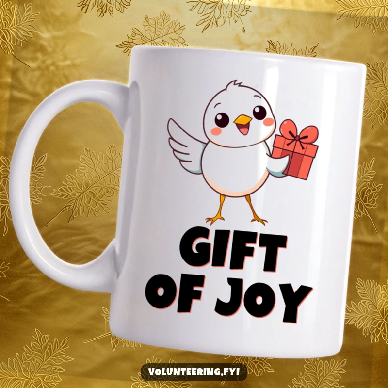 Funny bird mug featuring a smiling bird delivering a small, colorful gift, perfect for gift-givers and bird lovers.